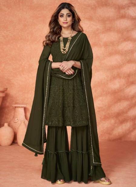 Mahendi Colour AASHIRWAD KASHISH Fancy Festive Heavy Georgette Sharara Suit Collection 9222